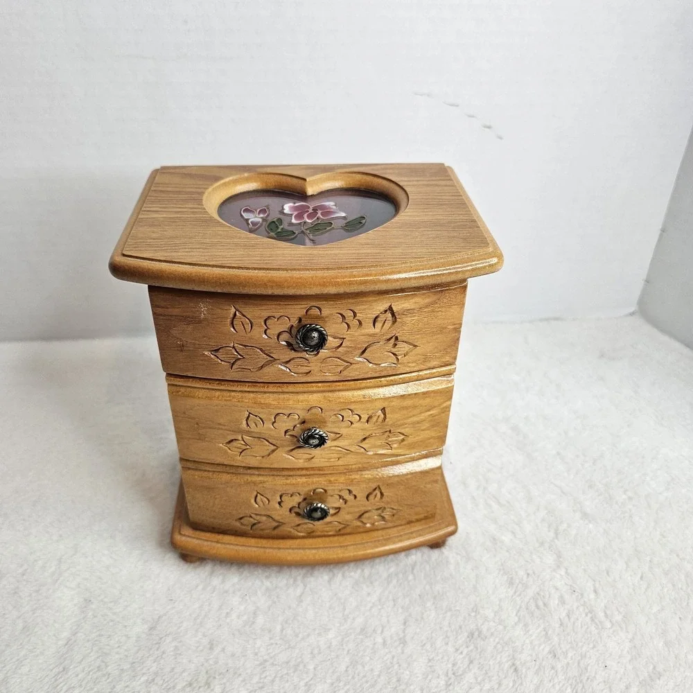 Jewelry Box With Top Jewelry Compartment And Two Drowers. Carved Front.